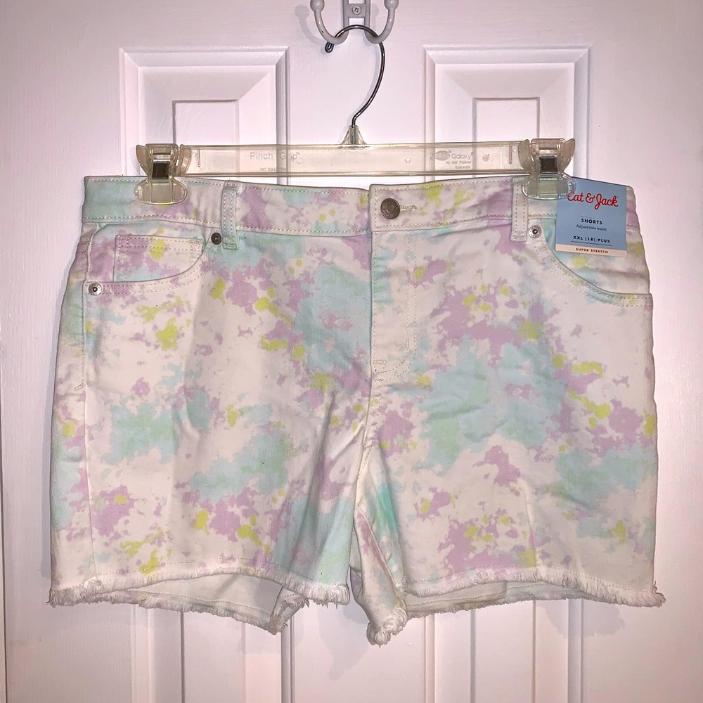 Cat & Jack tie dye cut-off fringe shorts with stretch, pockets, adjustable waist